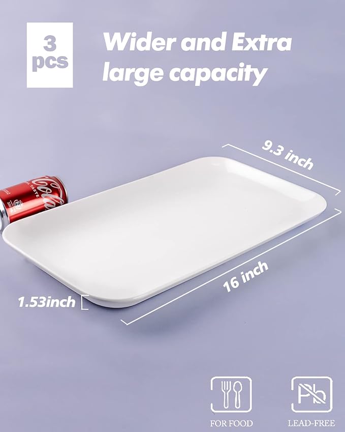 DELLING 16 Inch Large Serving Platter Set of 3, White Porcelain Platters for Serving Food - Rectangular Serving Trays for Party Entertaining, Oven Safe to 590°F, Dinnerware