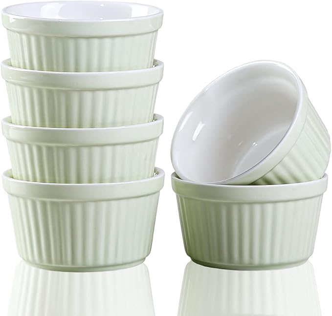 Ramekins 6oz Oven Safe,Creme Brulee Ramekin and Souffle Dishes,Porcelain Baking Bowls,Dipping Sauce Dish.Pudding Cups,Set of 6,Green.