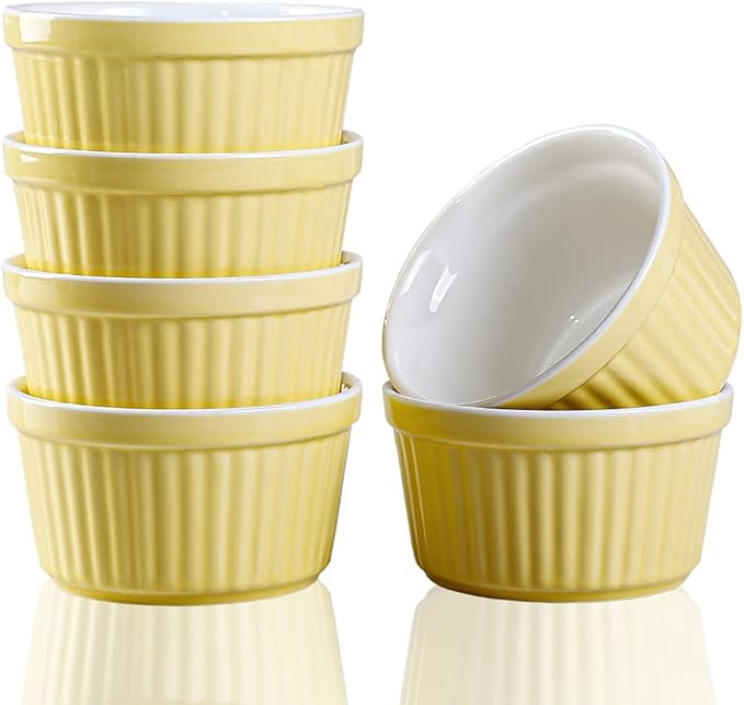 Ramekins 6oz Oven Safe,Creme Brulee Ramekin and Souffle Dishes,Porcelain Baking Bowls,Dipping Sauce Dish.Pudding Cups,Set of 6,Yellow.