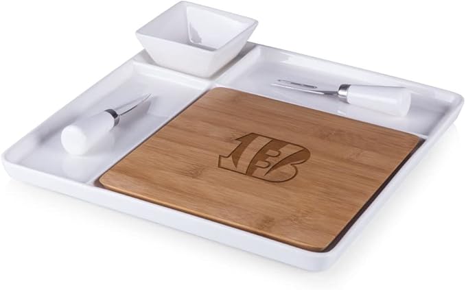 Picnic TIME NFL Peninsula Cutting Board & Serving Tray - Cheese Board - Charcuterie Board - Appetizer Plate, Bamboo & White Ceramic