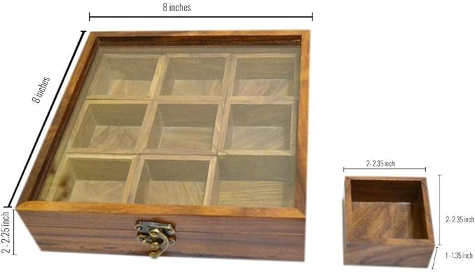 Wooden Spice Box with Glass Lid, 9 Compartment Masala Storage Container with Spoon, Hand Crafted Kitchen Organizer, 8x8 Inches