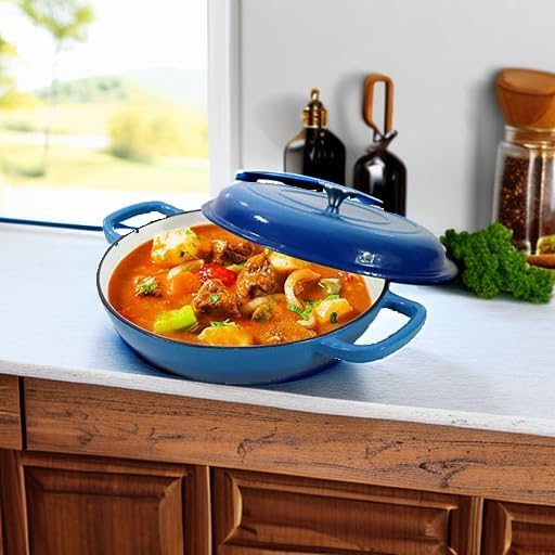 Enameled Cast Iron Dutch Oven Braiser, 3.8 Quart Enamel Skillet Pot with Lid - Heavy Duty and Dual Handles, Oven Safe Frying Pan for Family or Friends Gifts, Blue