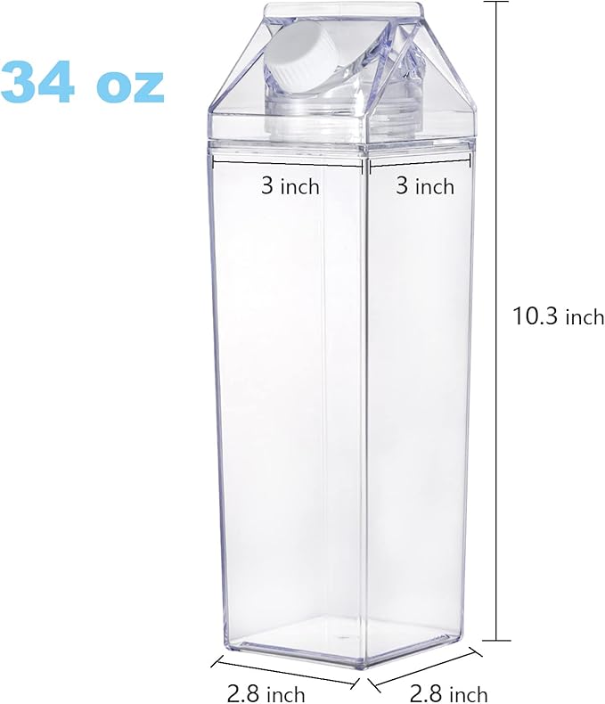 yarlung 4 Pack 34 Oz Milk Carton Water Bottle, Clear Plastic Milk Box Portable Leakproof Square Juice Bottle for Outdoor Sports Travel Camping