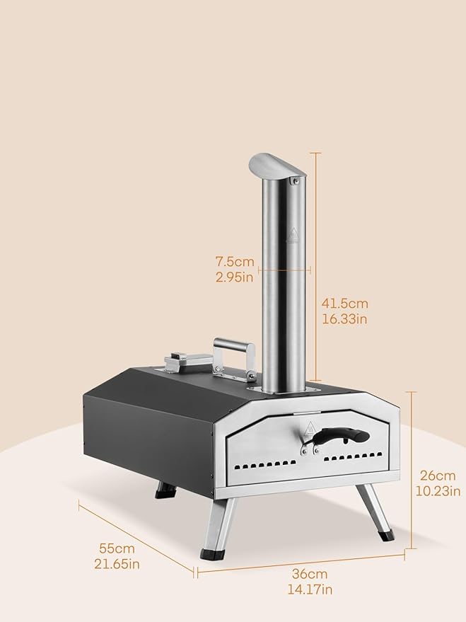 Outdoor Pizza Oven, 12inch Portable Wood Pellet and Gas Pizza Oven, Heats up to 1000°F, with Gas Hose & Pizza Stone, Tabletop Stainless Steel Pizza Oven for Backyard, Camping, Picnics, Black