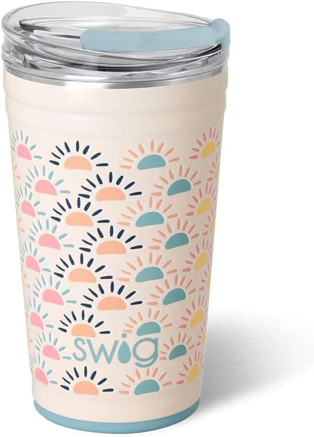 Swig Life 24oz Party Cup, Stackable Insulated Travel Coffee Tumbler with EZ Slider Lid, Cup Holder Friendly, Stainless Steel 24 oz Tumbler, Reusable Coffee Mug (Sun Chaser)