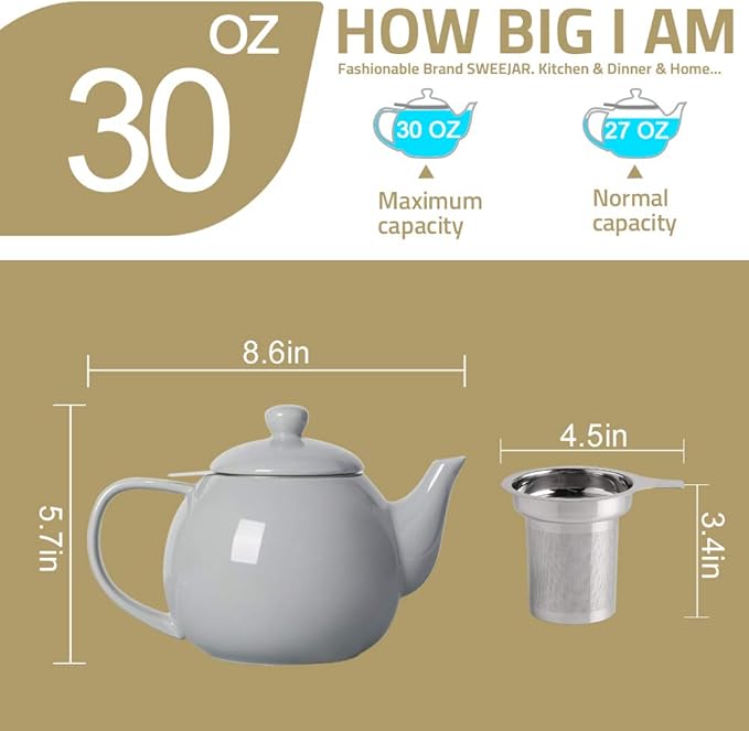 Sweejar Ceramic Butter Dish with Lid for Countertop,Porcelain Butter Keeper with Knob Handle,Butter Container for East/West Coast Butter and Porcelain Teapot with Removable Stainless Steel Infuser