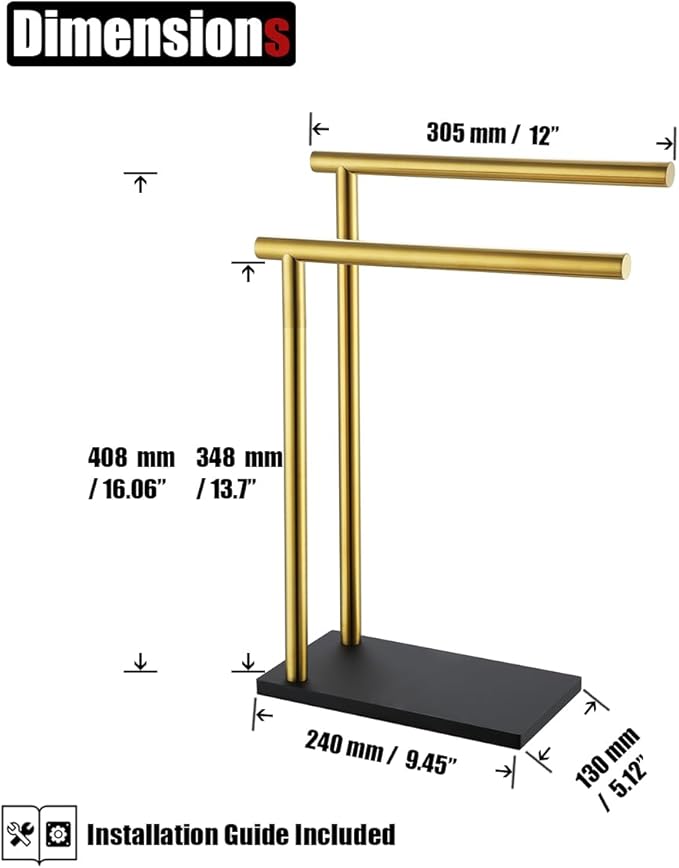 JQK Hand Towel Holder Stand Brushed Gold, Modern Tree Rack Free Standing for Countertop with 12 Inch 2 Bars, 304 Stainless Steel Golden, HTT172-BG