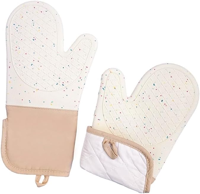 6-Piece Set Silicone Oven Mitts Cooking BBQ Gloves Non-Slip Heat Resistant Soft Cotton Lining Washable Baking Gloves Beige