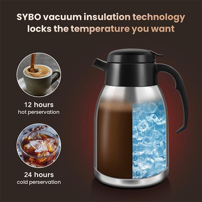 SYBO Thermal Coffee Carafe 74oz, 12 Hours Thermos, Insulated Stainless Steel Carafe for Keeping Hot/Cold Coffee, Tea, Water, Drink Dispenser for Parties, Travel, Camping, Office