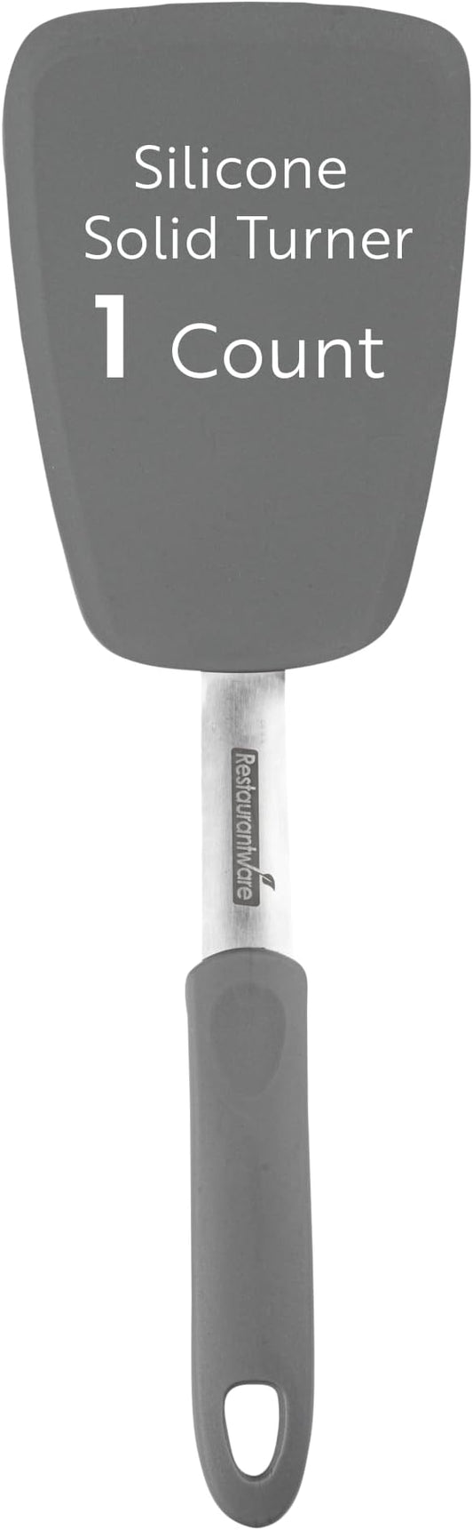 Restaurantware Comfy Grip 12 x 3 Inch Silicone Turner 1 Durable Cooking Turner - Stainless Steel Body Rubber Handle With Hole Gray Silicone Flipper Spatula Tolerates Up To 446F Dishwashable
