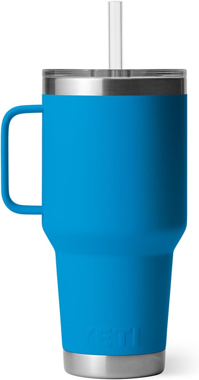 YETI Rambler 35 oz Tumbler with Handle and Straw Lid, Travel Mug Water Tumbler, Vacuum Insulated Cup with Handle, Stainless Steel, Big Wave Blue