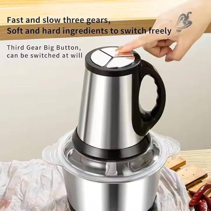Sakerplus Multifunctional Large Capacity Meat Grinder, 250W Electric Food Processor with 3 Speeds, 2L Stainless Steel Bowl & 4 Sharp Blades for Meat, Vegetables, Nuts (2L-glass)