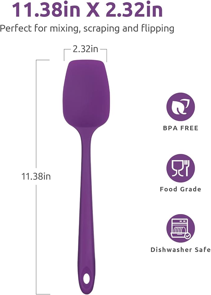 U-Taste Silicone Cooking Spoon Spatula: 480ºF Heat Resistant Food Grade 11.38" Flexible Rubber Kitchen Spoonula, Seamless Pastry Bowl Scraper for Mixing Stirring Scraping in Nonstick Cookware (Purple)