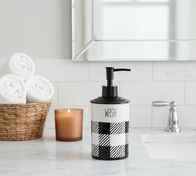Youngs 21079 Buffalo Plaid Lotion Dispenser, 7-inch Height, Ceramic, Black and White
