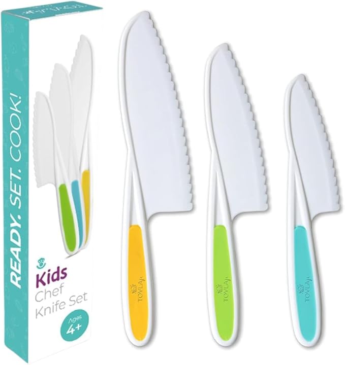 Tovla Jr Kid Safe Knife Gift Set for Real Cooking | Toddler Kitchen Knives | Montessori STEM Cooking Tools | Kids Chef Knives and Utensils | BPA Free Dishwasher Safe | Birthday Gift Ages 4 to 12