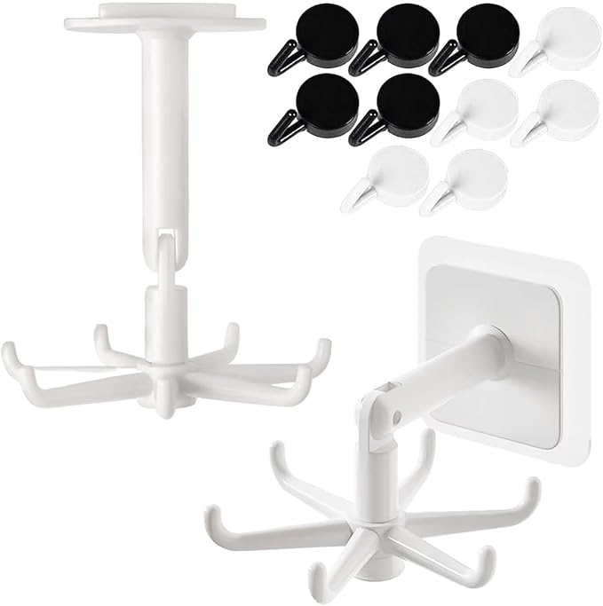 2 Pack Rotating Adhesive Hook Hanger – 10-Hook Kitchen & Bathroom Organiser, Under Cabinet Storage for Utensils, Towels & Tools, Space-Saving Swivel Hooks for Home & Garage
