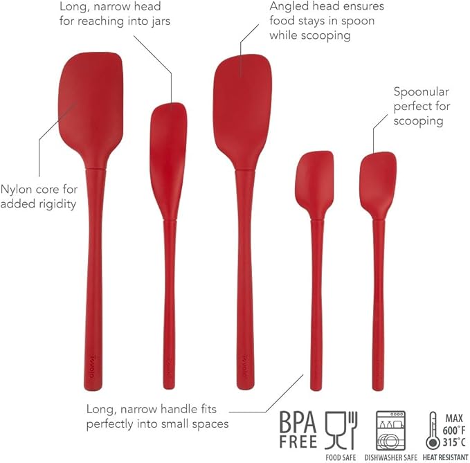 Tovolo Flex Core 5 Piece Silicone Spatula Set Heat Resistant All Silicone Utensils Include Non Stick Spatula Spoonula Jar Scraper, Dishwasher Safe BPA Free Spatulas for Baking Mixing, Cayenne Red