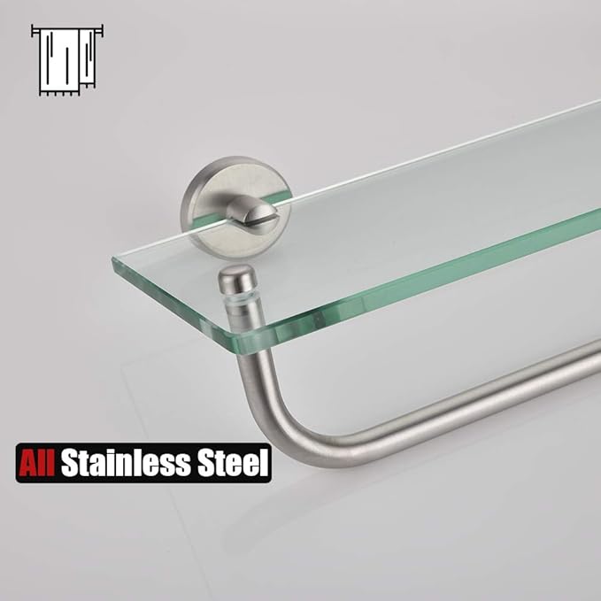 JQK Bathroom Glass Shelf, Shelf with 19 Inch Towel Bar Tempered Glass Shower Storage 20 by 5 inches, 304 Stainless Steel Brushed Finish Wall Mount, TGS100L20-BN