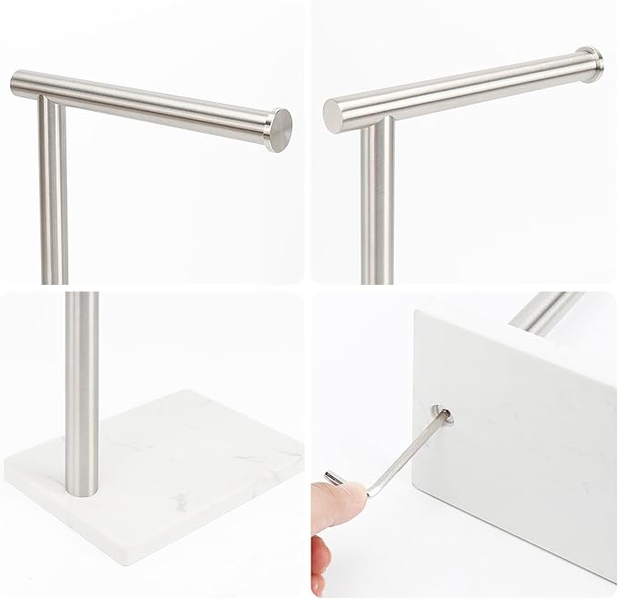 Hand Towel Holder, Hand Towel Stand for Bathroom with Marble Base, 304 Stainless Steel L Shape Hand Towel Rack Bar Standing for Vanity Kitchen Countertop, Brushed Nickel