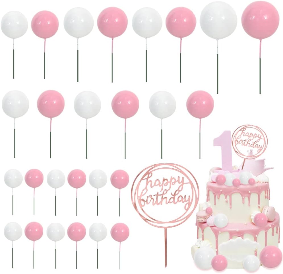 BEISHIDA 27 PCS Pink and White Ball Cake Topper Mini Balloons Cake Toppers Foam Ball Cupcake Toppers Happy Birthday Cake Insert Pick DIY for Anniversary Wedding Cake Decorations Baby Shower Party