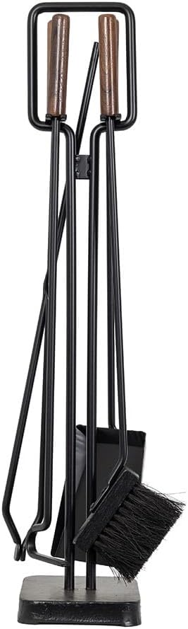 Modern Ember Levi 5 Piece Fireplace Tool Set in Black with Walnut Wood Handles | Includes Brush, Shovel, Fire Poker, Tongs, and Stand | Heavy-Duty Steel | Heat-Resistant Powder Coating