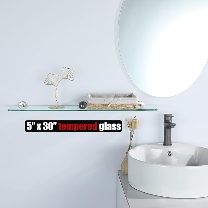 JQK Bathroom Glass Shelf, Tempered Glass Shower Storage 30 by 5 inches, 304 Stainless Steel Brushed Finish Wall Mount, TGS101L30-BN