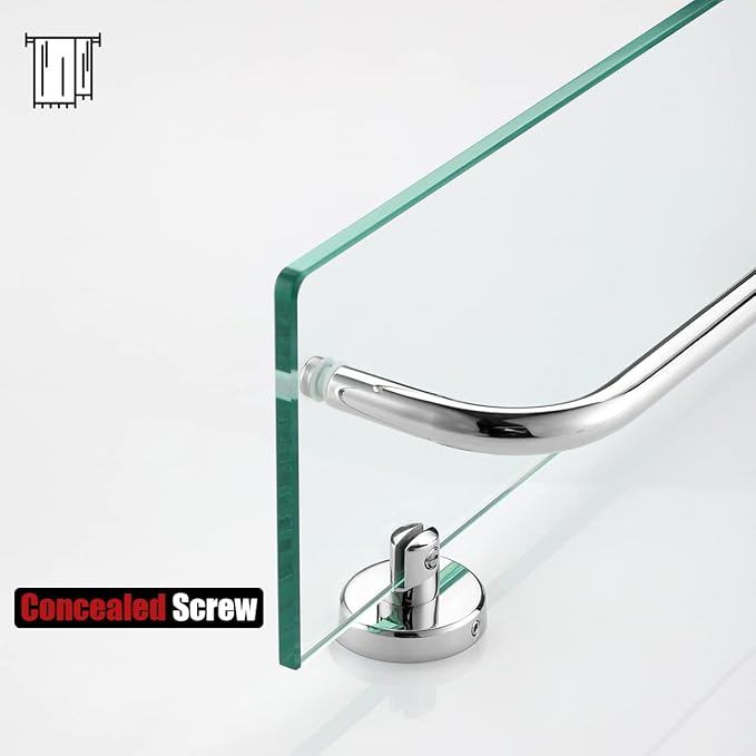JQK Bathroom Glass Shelf Polished Chome, Shelf with 29 Inch Towel Bar Tempered Glass Shower Storage 30 by 5 inches, 304 Stainless Steel Silver Finish Wall Mount, TGS100L30-CH
