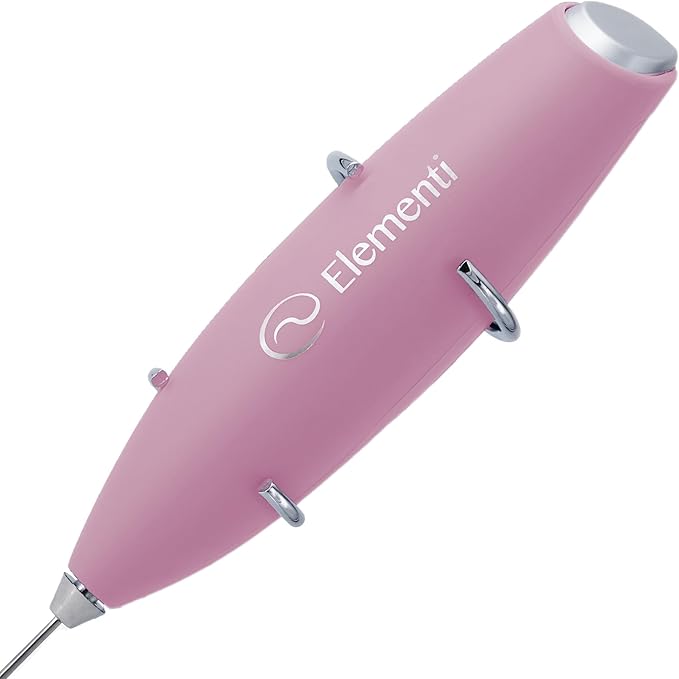 Elementi Electric Pink Milk Frother Handheld - Mini Whisk for Coffee, Matcha and Drinks - Portable Frother & Mixer with Stand (Pastel Pink)