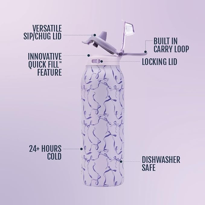Ello Pop & Fill 32oz Stainless Steel Water Bottle with QuickFill Technology, Double Walled and Vacuum Insulated Metal, Leak Proof Locking Lid, Straw and Chug, Reusable, BPA Free, Take a Bow