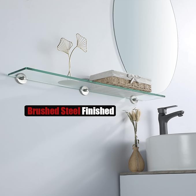 JQK Bathroom Glass Shelf, Tempered Glass Shower Storage 30 by 5 inches, 304 Stainless Steel Brushed Finish Wall Mount, TGS101L30-BN