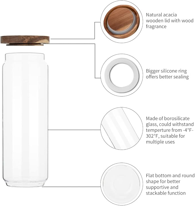 Glass Storage Containers Set, High Borosilicate Glass Jars with Wooden Lids Kitchen Food Canisters s for Coffee Beans/Sugar/Noodles/Nuts/Cookies/Pasta