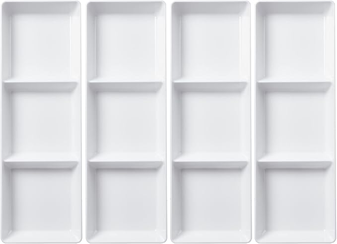 US Acrylic Avant White Plastic Divided Serving Trays (Set of 4) 15” x 5” | Narrow Reusable 3-Section Party Platters | Serve Appetizers, Fruit, Veggies, & Desserts | BPA-Free & Made in USA