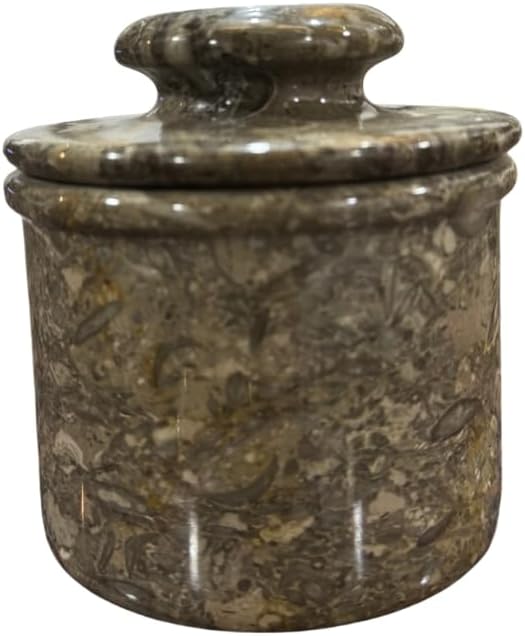 Marble Butter Keeper French Butter Dish Crock with Lid Handcrafted Grey Fossil Marble