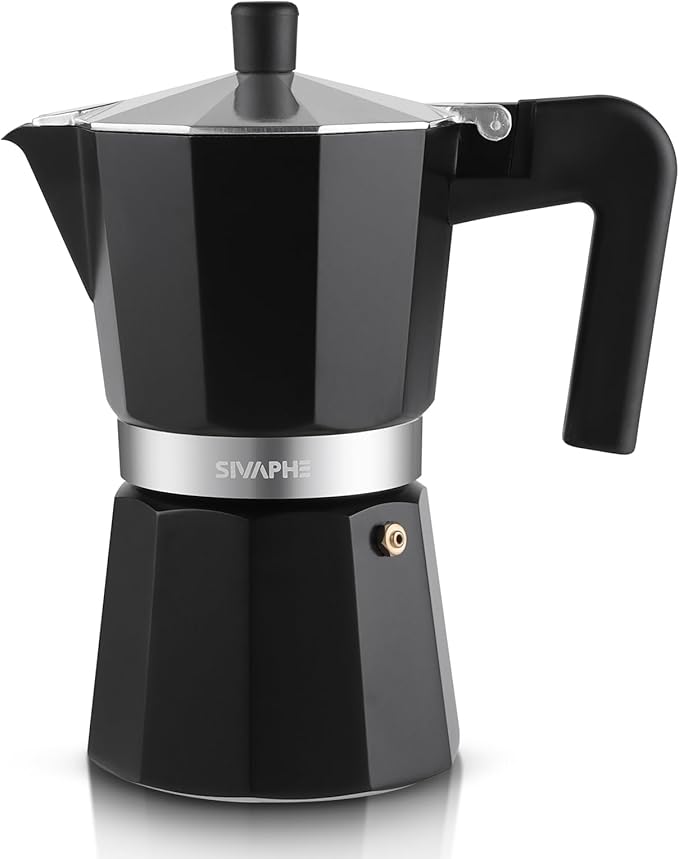 Sivaphe Aluminum Moka Pot 12 Espresso Cups, Percolator Espresso and Coffee Maker, Portable Stovetop Italian and Cuban Café Brewer for Home and Camping Black