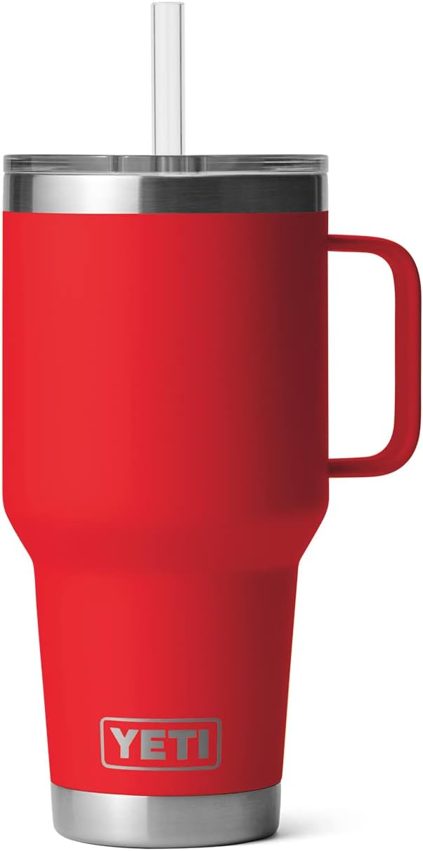 YETI Rambler 35 oz Tumbler with Handle and Straw Lid, Travel Mug Water Tumbler, Vacuum Insulated Cup with Handle, Stainless Steel, Rescue Red
