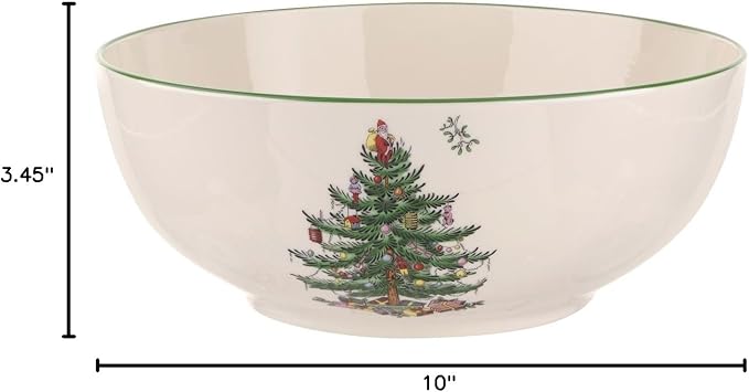 Spode Christmas Tree Large Round Bowl - 10-Inch Porcelain Serving Dish for Salad, Pasta & Side Dishes - Iconic Holiday Design with Green Trim, Dishwasher, Microwave Safe - Festive Gatherings