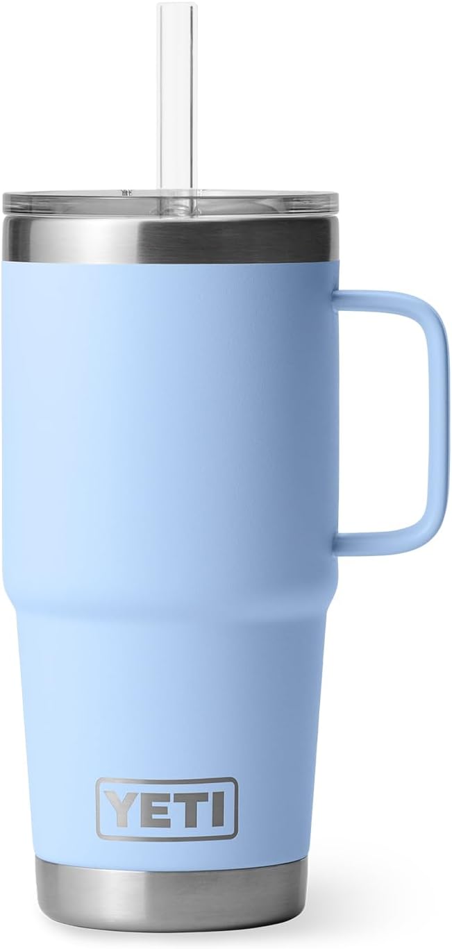 YETI Rambler 25 oz Tumbler with Handle and Straw Lid, Travel Mug Water Tumbler, Vacuum Insulated Cup with Handle, Stainless Steel, Big Sky Blue