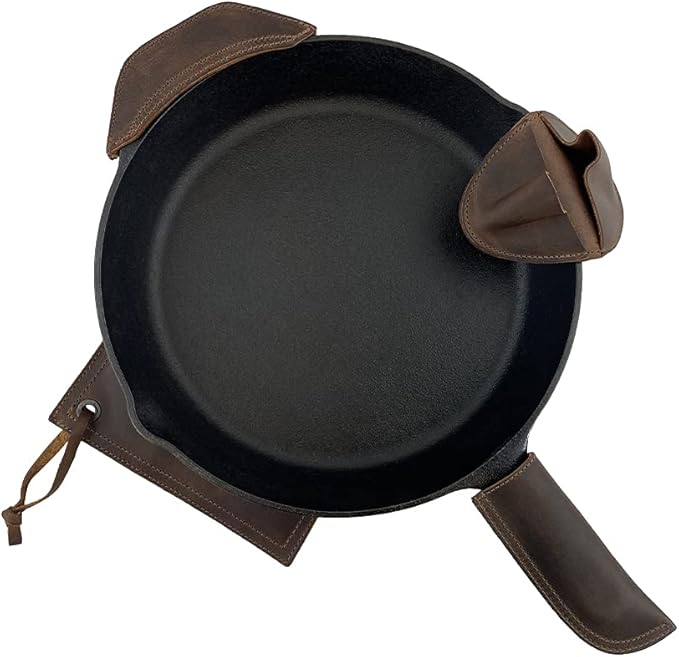 Hide & Drink, Set of 4 Hot Handle Holders, Panhandle, Side Kick, Grip Mitt & Square Pot Holder for Cast Iron Skillets & Pans, Full Grain Leather, Handmade, Bourbon Brown