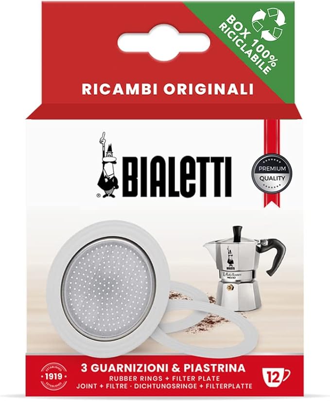 Bialetti 3 Gaskets (Rubber Rings) 1 Filter Plate Replacement for Moka 12 Cups