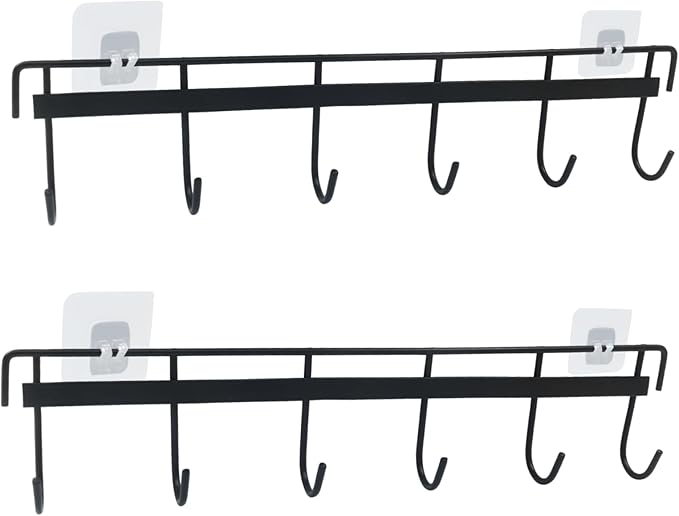 2 Pcs Kitchen Utensil Rack with 4 Adhesives - Adhesive Kitchen Utensils Hanging Rack Utensil Holder for Kitchen, Bathroom, and Bedroom(Black)