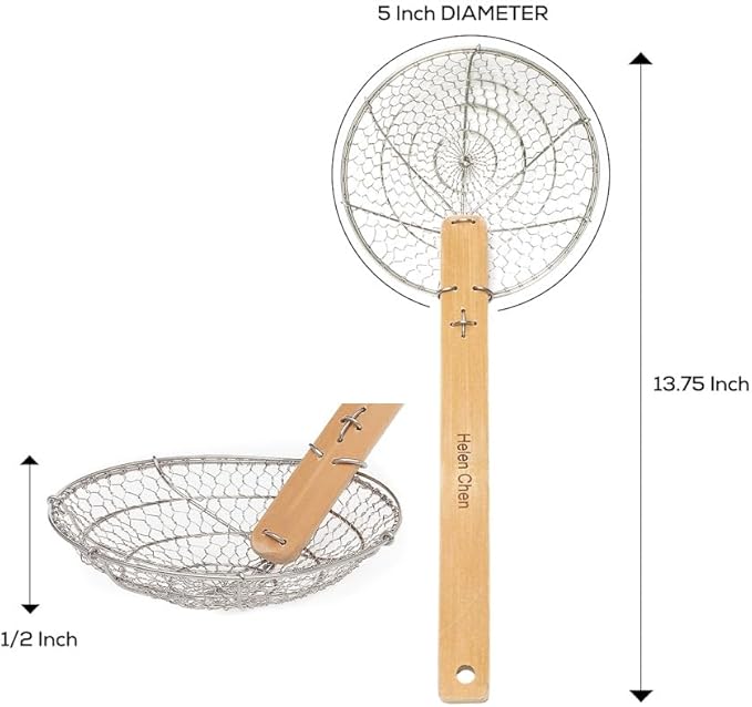 Helen’s Asian Kitchen Spider Strainer | Compact 5-Inch Bamboo Wire Mesh Ladle with Handcrafted Handle for Precision Cooking and Small Portions