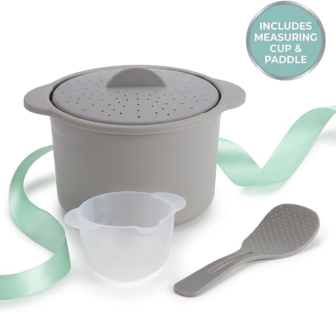 Microwave Rice & Grain Cooker – Easy Cook Container with Locking Lid, Heat-Resistant Handles – Includes Measuring Cup & Mixing Paddle – Cooks Rice, Grains, Veggies & More