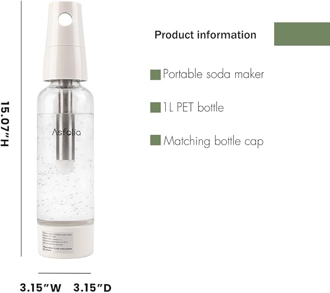 Portable Sparkling Water Maker - Travel Soda Maker for Home & Outdoor, 1L Carbonating Bottle, 10 pcs CO2 Cylinders, Compact Carbonated Water Machine for Flavored Drinks, Soda Machine (White)
