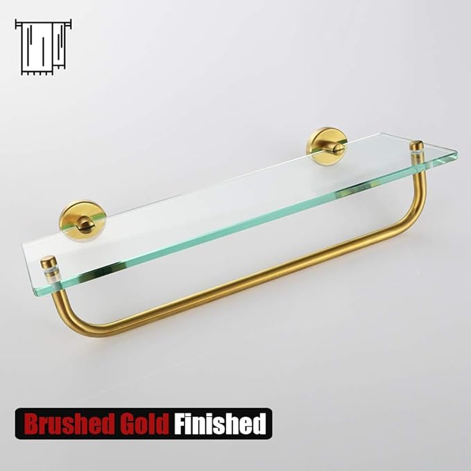 JQK Bathroom Glass Shelf, Shelf with 16 Inch Towel Bar Tempered Glass Shower Storage 16 by 5 inches, 304 Stainless Steel Brushed Gold Wall Mount, TGS100-BG