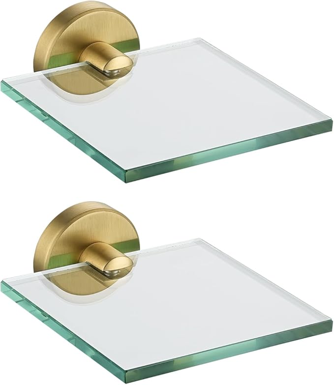 JQK Small Floating Glass Shelves Gold, 4 Inch Display Ledges for Wall, Mini Decor, Living Room Bedroom Bathroom, Tempered Glass Shower Storage, 2 Pack, TGS101L4-BG-P2