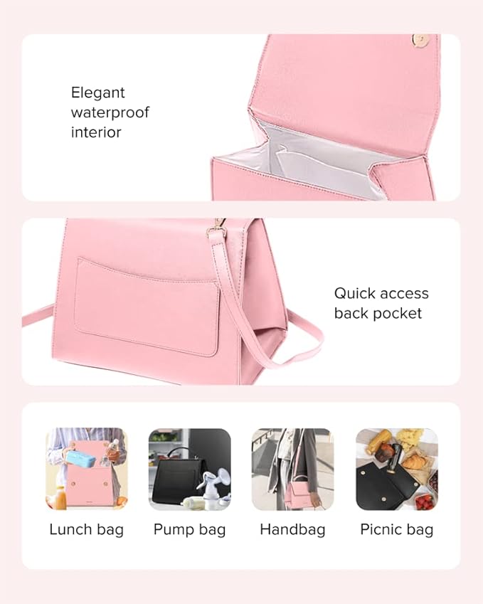 Beauty Gooodies Pink X-Large Lunch Bag for Women, Insulated Lunch Bag, Aesthetic Lunch Boxes and Classy Tote Bag Purse with Strap, Professional Ladies Bags, Chic Lunch Box