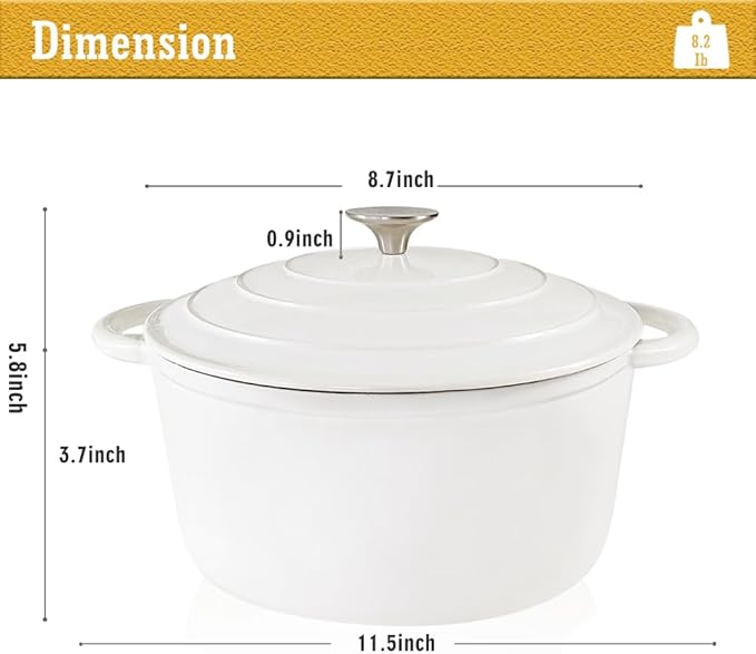 3 Quart Cast Iron Dutch Oven with Lid, Dual Handles Enameled Soup Pot, Heavy Duty and Oven Safe for Bread Baking, Braising, Cooking and Family Gifts, White
