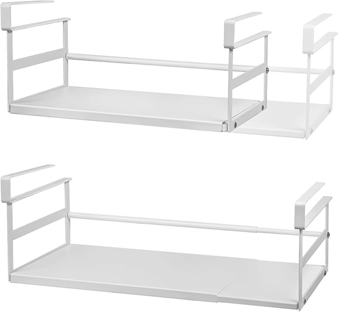 2Pack Under Shelf Storage Basket Organizer Expandable Width Add-On Space Saver Hanging Under Cabinet Pantry Kitchen Countertop Desktop Cupboard Board Slide-In White Heavy-Duty Metal Wider Size