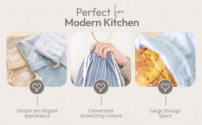 Reusable Bread Bags with Drawstring | XL Pack of 3 | Eco-Friendly Washable Linen Bread Bag & Spacious Sourdough Bread Storage | Bread Bags Reusable Keeps Your Loaf Fresh | Flower Design