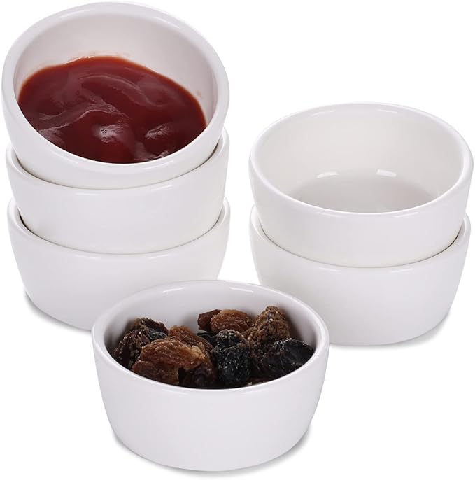 HAOTOP Mini Ramekins 1.5 oz Set of 6,Small Ceramics Souffle Dish, Exactly Designed for Dipping Sauce, Ketchup, Salsa and Jams, 45ml White